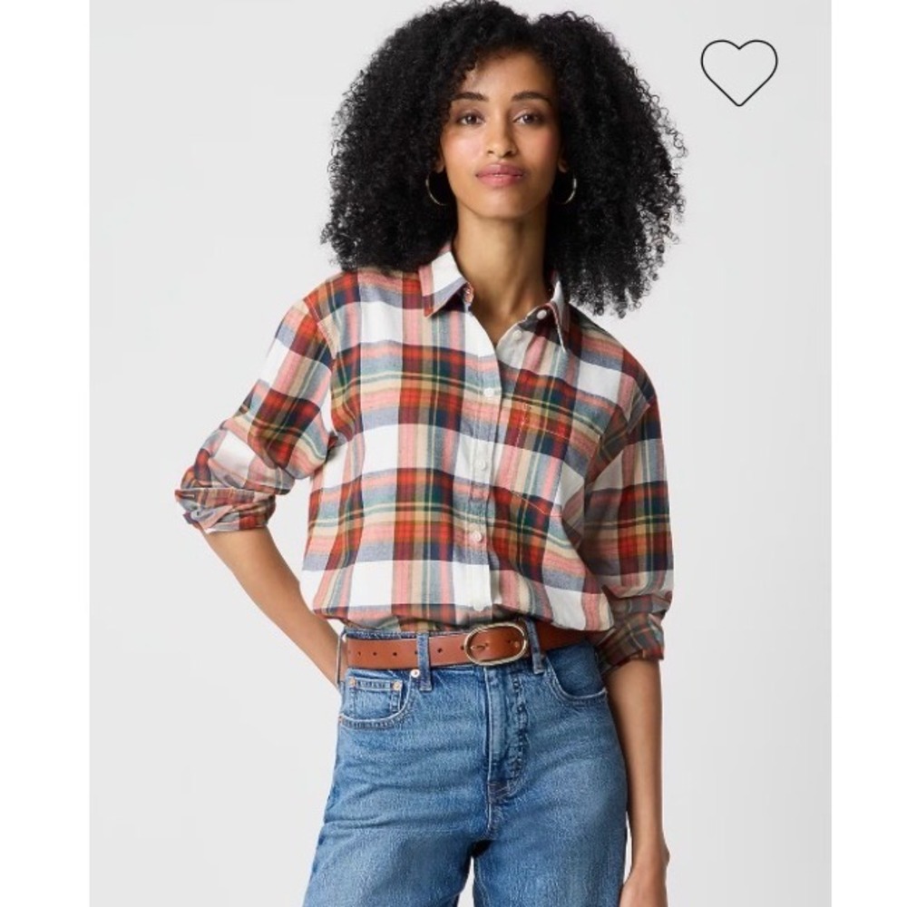 J.Crew Button Down Flannel Shirt Womens Small Ivory Plaid Long Sleeve Fall